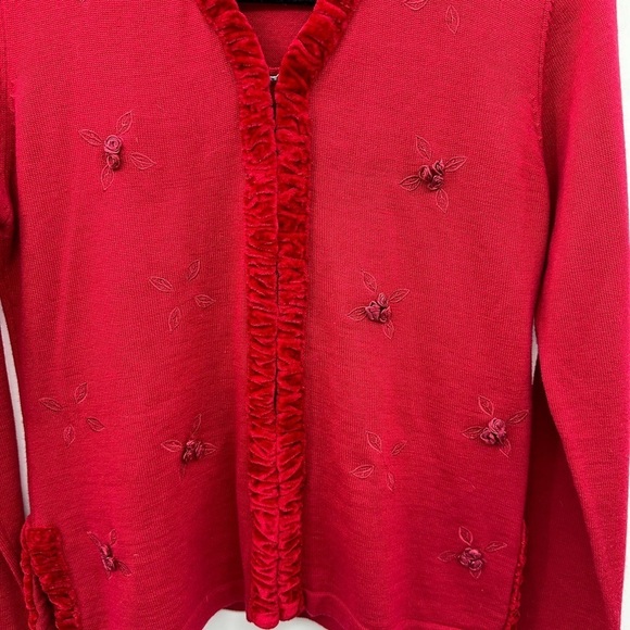 Y2K VINTAGE APRIL CORNELL S red embellished womans cottagecore wool cardigan - Picture 3 of 13